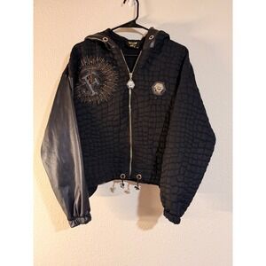 TATU Turkey Black Croc Embossed Rhinestone Leather Hooded Bomber Jacket 36 US 2
